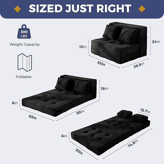 MAXYOYO Convertible Sofa Bed, Fold Out Sleeper Sofa with Pillow, 4 in 1 Tufted Folding Couch Bed Foam Floor Couch, Lazy Chair for Living Room Bedroom Guest Room, Black