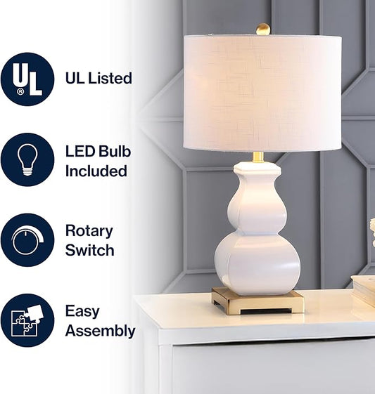 JONATHAN Y 25.5" White/Gold Ceramic Table Lamp for Living Room Bedroom, White Linen Shade, Modern Footed Vase Bedside Lamp, LED Bulb Included, UL Listed (JYL3049B)