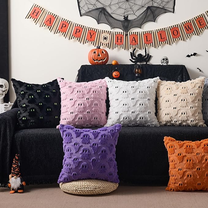 DFXSZ Halloween Pillow Covers 16x16 inch Set of 2 Black Ghost Throw Pillow Cases Soft Plush Faux Fur Wool Couch Cushion Case for Chair Sofa Bedroom Living Room Home Decor PTK03F16