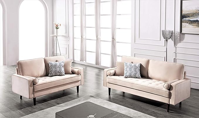 Container Furniture Direct Womble 58 Inch Velvet Loveseat Sofa with Elegant Button Tufted Upholstery, Square Arms, Splayed Wood Legs, Includes Matching Bolster Pillows, Biscuit