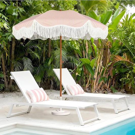 AMMSUN Boho Fringe Umbrella Outdoor Patio, 6.5ft UPF50+ Picnic Umbrella with Tassels with Steel Pole and Push Button Tilt, Pink Stripe