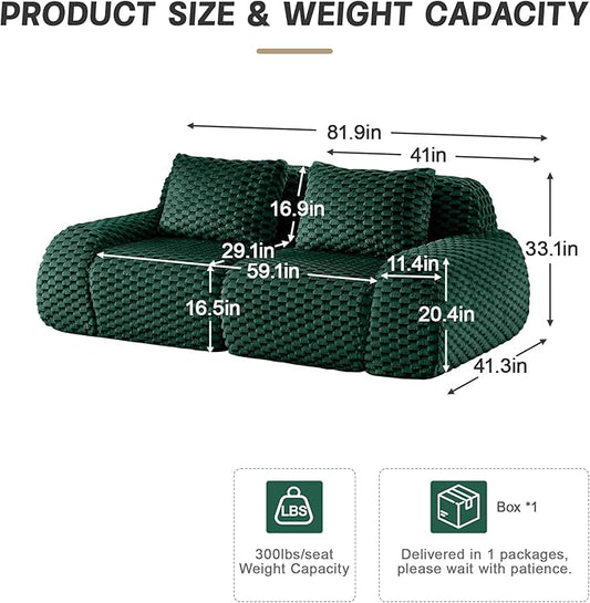 KEIKI 81.9" Loveseat Boneless Couches for Small Living Room, Cozy Modular Sectional Velvet Sofa, Thick Cushion Deep Seat Couch for Apartment Furniture, Modern Decor, 2-Seater Sofa Indoor, Green