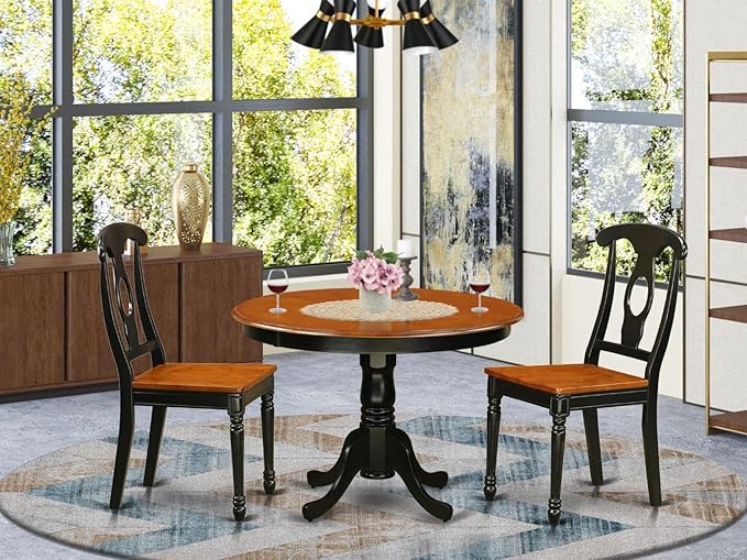 East West Furniture HLKE3-BCH-W 3 Piece Dining Room Furniture Set Contains a Round Dining Table with Pedestal and 2 Wood Seat Chairs, 42x42 Inch, Black & Cherry