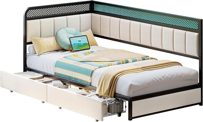 LIKIMIO Twin Corner Bed Frame with Storage Drawers and Charging Station, Modern Twin Daybed with LED Lights and Upholstered Guardrail, Beige