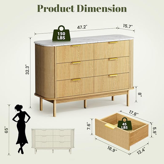 47" Fluted Dresser for Bedroom with 6 Drawer, Modern Chest of Drawers,Faux Marble Top & Curved Profile Design,Wood Drawer Storage Organizer for Living Room, Natural