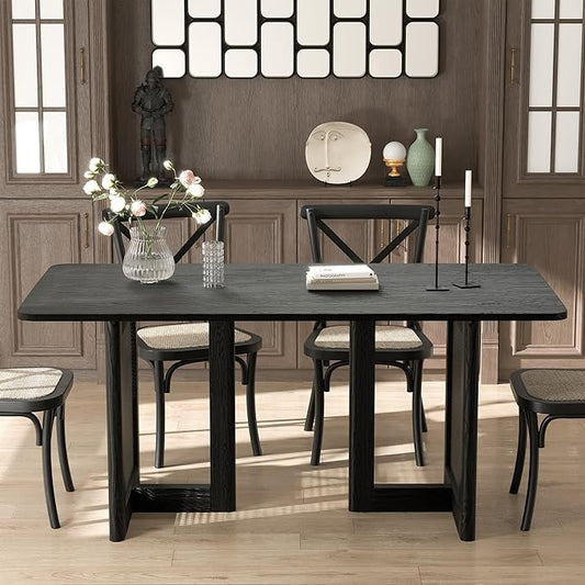 Casaphoria 67" Dining Table, Modern Kitchen Table for 4-6, Farmhouse Style with Rectangular Top & Rattan Legs, Easy Assembly for Living Room, Kitchen, Bar, Black