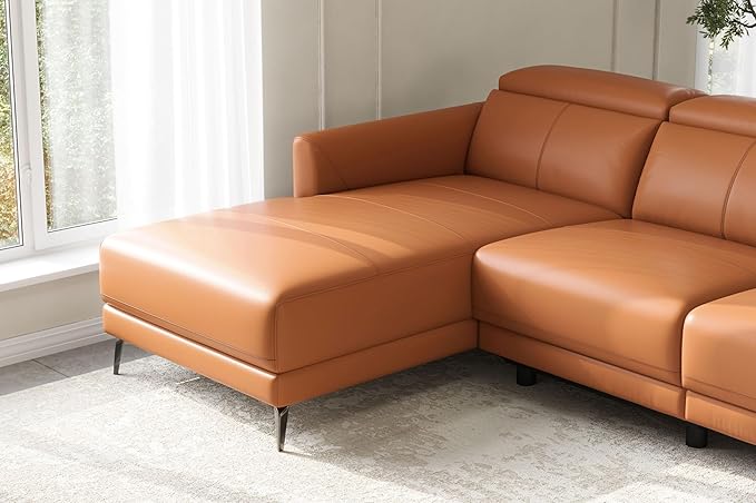 Valencia Andria Left-Facing Sectional Leather Sofa 99.5" | Italian Nappa 11000 Top-Grain Leather Reclining Sofa | Electric Power Recliner | Stainless Steel Leg, Cognac
