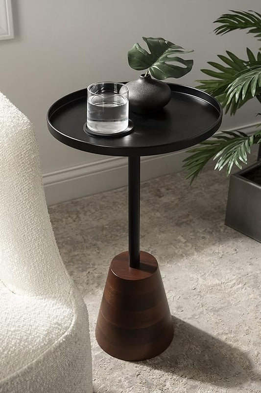 Kate and Laurel Tira Round Side Table, 14 x 14 x 24, Walnut Brown Wood and Black, Decorative Pedestal Style End Table for Use as a Bedroom Nighstand or Living Room Accent