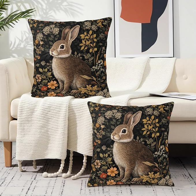 Vintage Easter Bunny Pillow Covers 24x24Set of 2 Rustic Botanical Plants Floral Rabbit Throw Pillow Cases Spring Retro Hares Outdoor Farmhouse Cushion Covers for Home Living Room Decor
