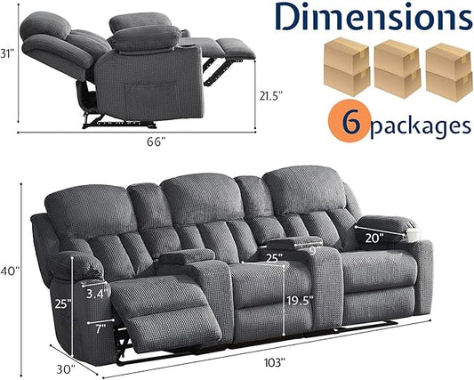 Jocisland Manual Recliner Couch, 3 Seater Reclining with Dual Console& Charging Socket, Reclining Sofa- Comfy Recliner with Cup Holders for Living Room(Grey)
