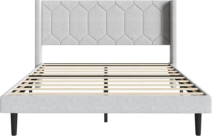 Queen Size Bed Frame with Velvet Upholstered Headboard, Platform Bed Frame No Box Spring Needed, Modern Bedframe with Strong Wooden Slats, Light Gray