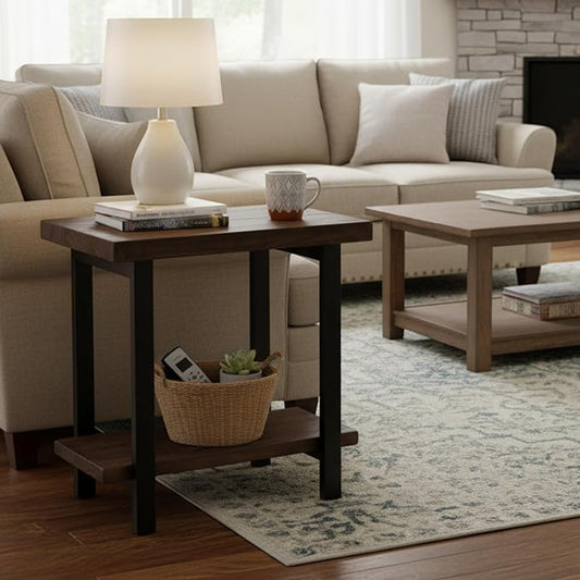 Alaterre Furniture Pomona Living Room Collection – 2-Tier Solid Wood End Table with Natural Finish and Metal Legs – Modern Farmhouse Accent or Home Décor (Rustic Brown)