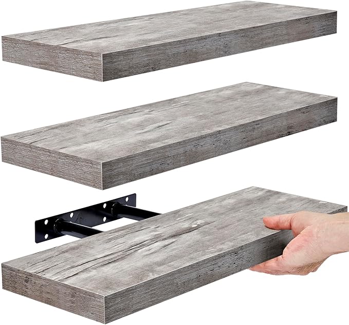 Sorbus Floating Shelves for Wall – 16 Inch Floating Shelf for Kitchen, Bedroom, Living Room, Bathroom, Home & Wall Decor - Mounted Bathroom Shelves with Invisible Brackets (Grey, 3 Pack)