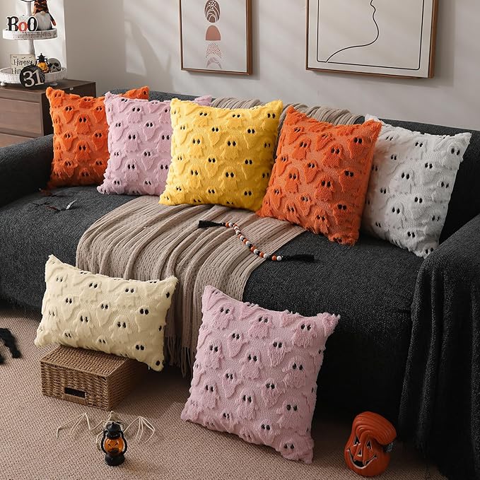 DFXSZ Halloween Pillow Covers 20x20 inch Set of 2 Yellow Ghost Throw Pillow Cases Soft Plush Faux Fur Wool Couch Cushion Case for Chair Sofa Bedroom Living Room Home Decor PTK03H20