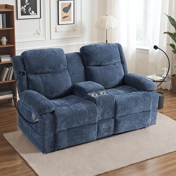 Loveseat Recliner Sofa, Reclining Loveseat with Console, RV Wall Hugger Double Loveseat Recliner Couch for Living Room & Home Theater (Blue)