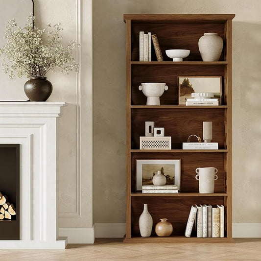 LITTLE TREE Wooden Bookshelf, Farmhouse 5-Shelf Bookcase, 70.9" Bookshelves and Bookcases, Office Bookshelf for Living Room, Bedroom, Kitchen, Home Office, Vintage Openwork Design, Rustic Brown