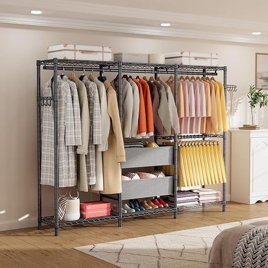 Coat Rack Clothes Wardrobe:Closet Organizer and Storage Clothing Garment Rack with Shelves Heavy Duty for Hanging Clothes Portable Adjustable Black 15.8" DX69 WX76.75 H
