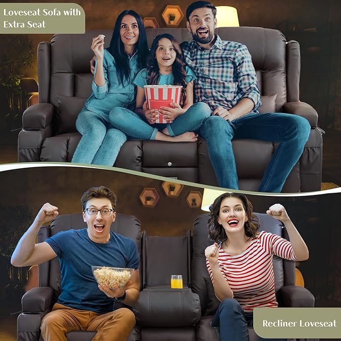 TUNYI Power Loveseat Recliner Sofa, Faux Leather Reclining Sofa with Console RV Reclining Loveseat Couch with USB/Outlet/Storage/Side Pocket/LED Light/Speaker (Brown, Loveseat)