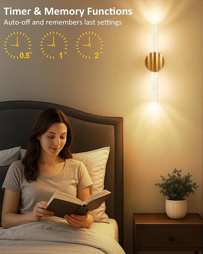 Peel and Stick on Wall Sconce set of 2, No Drill Gold Wireless Magnetic Battery Operated Wall Lights with Remote & Touch Control, Dimmable Cordless Wall Lamps for Bedroom Living Room Bathroom Decor