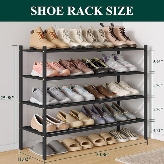 Smiry Long Bamboo Shoe Rack 4-Tier, Stackable Wooden Shoe Organizer for Entryway & Closet, Free Standing Wood Shoe Storage Shelf for Front Door & Small Spaces, Black