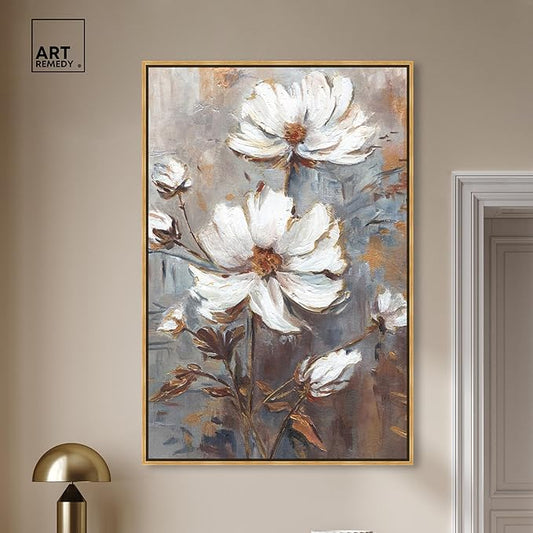 Art Remedy White Textured Flowers Canvas Elegant Floral Wall Art, Gold Frame, 36" x 54"