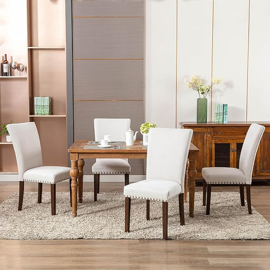 COLAMY Upholstered Dining Chairs Set of 2, Parsons Style Side Chairs with Nailhead Trim and Solid Wood Legs, Comfortable Linen Fabric for Kitchen & Dining Room – Beige