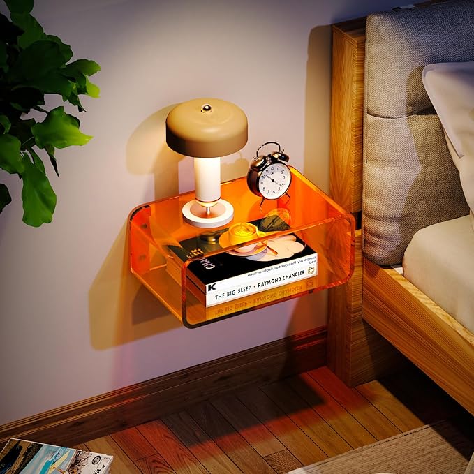 Acrylic Floating Nightstand, Bedside Table, Nightstand Shelf Wall Mounted Bedside Shelf (Orange, Small)