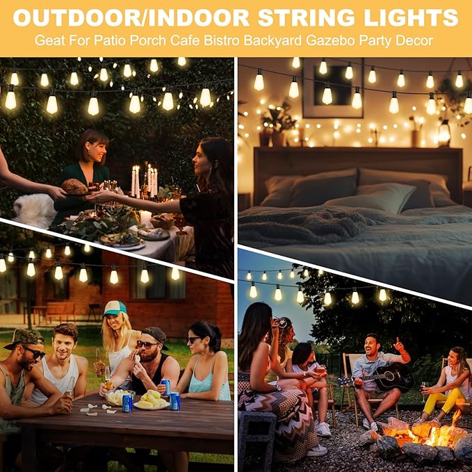 100FT Outdoor String Lights - 64+4 Bulbs(๐.๐๐
๐ ๐๐ฎ๐ฅ๐๐ฌ ๐๐ฉ๐๐๐ข๐ง๐ ) | Remote & Dimmer, 3 Light Modes & Timing, IP65 Waterproof, 100PC Mounting Ties for Patio/Outside/Commercial