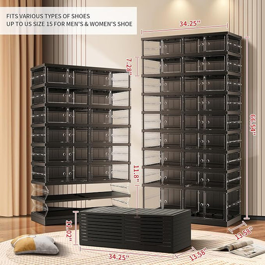 9-Tier Foldable Shoe Rack for Closet Entryway 18-36Pairs,Stackable Clear Shoe Storage Boxes Organizer with Door Plastic Shoe Cabinet Bins with Lids Shoes Shelf Easy Assembly Large Black