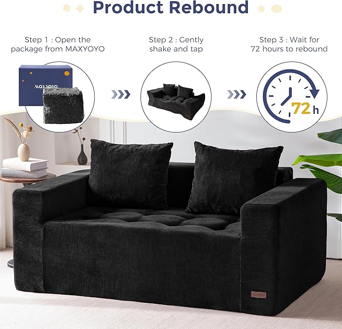 MAXYOYO Modular Sofa Couch, 61" Loveseat Boneless Cloud Couch with Deep Seat, Chenille Upholstered Living Room Sleeper Sofa Chair for Living Room, No Assembly Required, Black