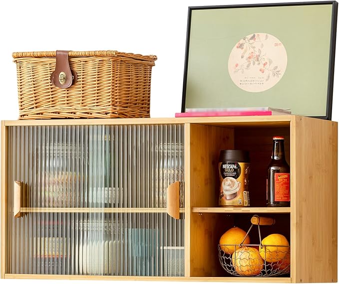 HollyHOME Bamboo Wall Mounted Kitchen Pantry Sideboard with 2 Doors and Adjustable Shelves, Freestanding Wall Storage Cabinet with Shelf for Bottle, Dish, Bowl, Console Dining Cupboard, Burlywood