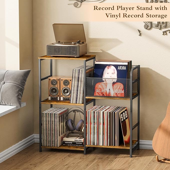 Record Player Stand, Turntable Stand with Vinyl Storage Holds up to 300+ Albums, Storage Cabinet for Vinyl Records, Record Player Table for Living Room
