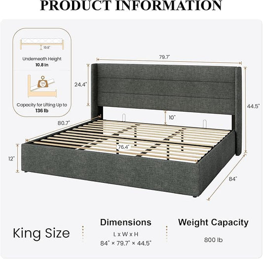 SHA CERLIN King Size Lift Up Storage Bed/Modern Wingback Headboard/Upholstered Platform Bed Frame/Hydraulic Storage/No Box Spring Needed/Wood Slats Support/Dark Grey