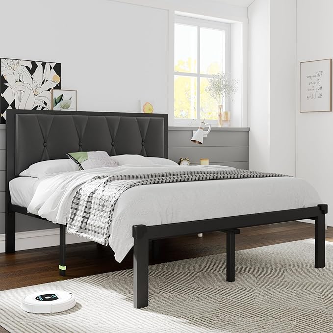 Queen Size Metal Bed Frame, Platform Bed with Faux Leather Button Tufted Headboard, 12" Underbed Storage, Steel Slats Support, No Box Spring Needed, Easy Assembly, Noise-Free, Black