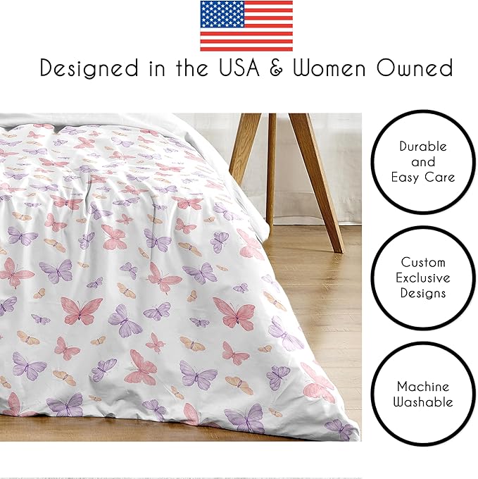 Sweet Jojo Designs 3-Piece Queen Comforter Set (Pink/Purple Shabby Chic Butterfly) for Girls, Teen, Kids Full Size Bedding, Bed in a Bag incl. Blanket & Pillow Sham (Colorful, Watercolor, Butterflies)