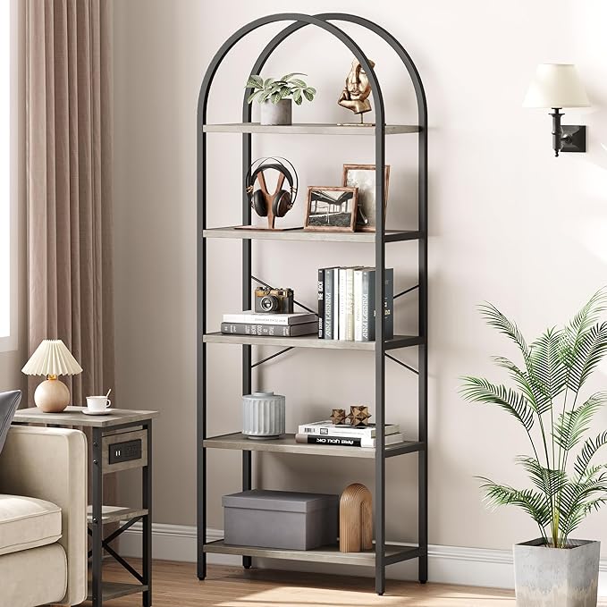 GarveeHome Arched Bookshelf 5 Tier Tall Bookcase Modern Standing Bookshelves Metal Storage Rack Shelf Wood Book Shelf for Bedroom, Living Room, Home Office (Grey)