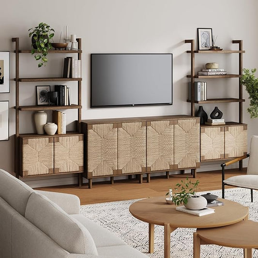 Nathan James Beacon Boho Seagrass Entertainment Center with Bookshelves and Storage Cabinet, Bookcase TV Stand Wall Unit, Fits TVs Up to 65 in. in Dark Brown Finish
