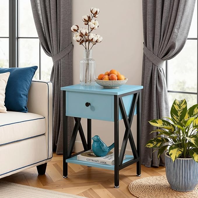 VECELO Nightstands, Modern Bedside End Tables Set of 2, Night Stand with Drawer and Storage Shelf for Living Room Bedroom, Industrial Metal Frame