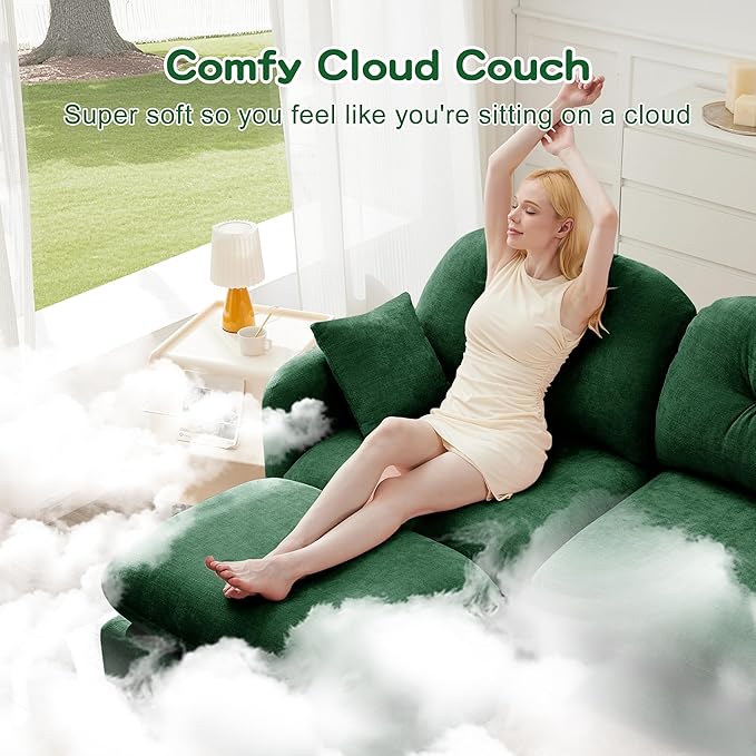 KEIKI 140" L-Shaped Oversized Chenille Modular Sectional Sofa with 1 Ottoman, High-Density Foam Cushions, Tufted Pleated Cushion Backrest, Modern 4-Seater Couch with 2 Pillow, for Living Room, Green