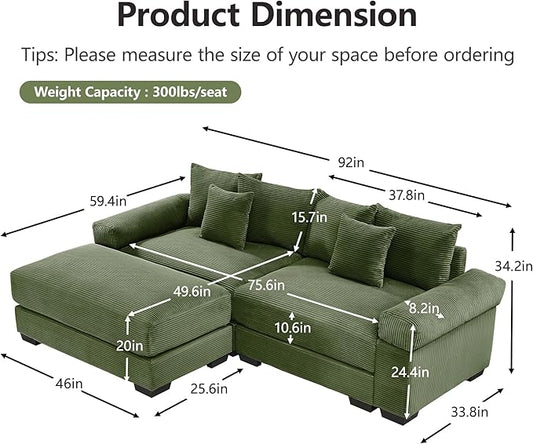 KEIKI 83" L-Shaped Oversized Corduroy Modular Sectional Loveseat Sofa with 1 Ottoman, High-Density Foam Cushion, Extra-Thick Armrest, 2-Seater Fluffy Corner Couch with 6 Pillow, for Living Room, Green