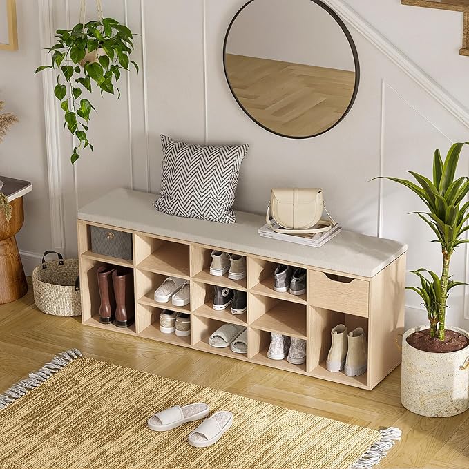 DINZI LVJ Shoe Bench, Entryway Storage Bench with Drawer and 14 Cubbies, Long Cubby Shoe Rack with Adjustable Shelves, Shoe Organizer for Living Room, Bedroom, Mudroom, Garage, Natural