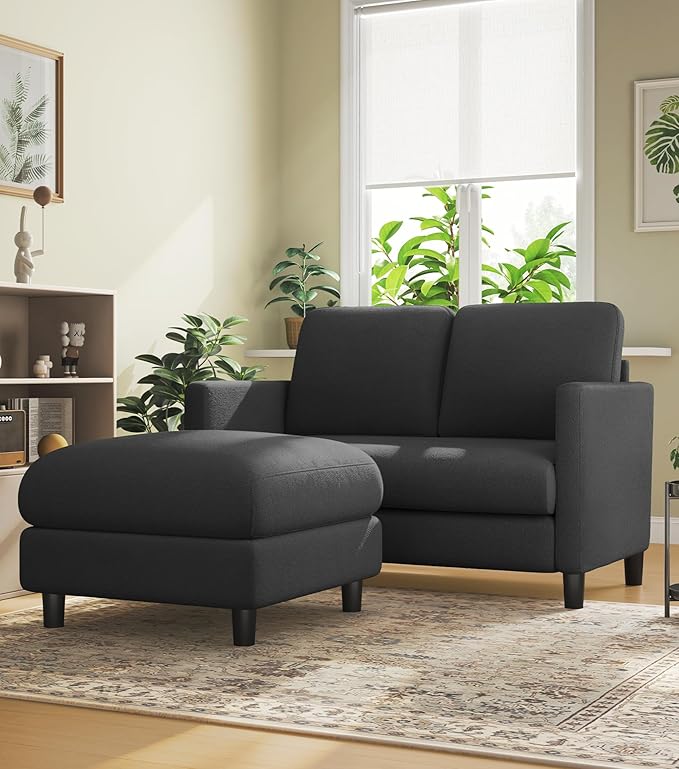 Welzona Loveseat, 51" Small L Shaped Couch, Comfy Teddy Love Seat with Ottoman Set, Tool-Free Setup Loveseat Sofa with Ottoman, All-Wood Small Sofa Couch for Bedroom, Couch for Living Room, Grey