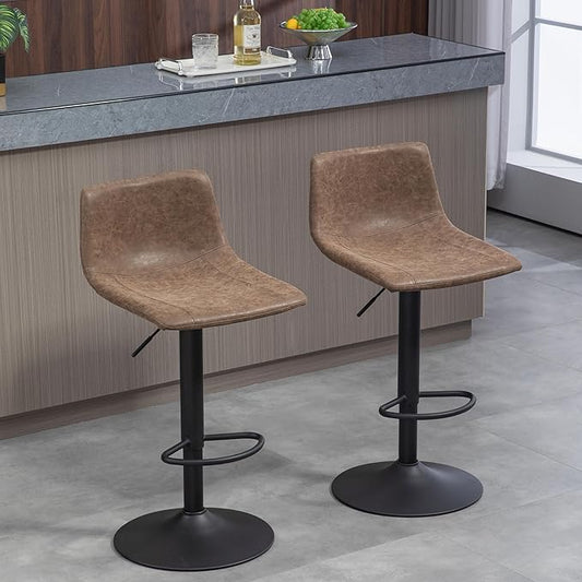Finnhomy Bar Stools Set of 2, Swivel Adjustable Height Bar Chairs with Footrest & L-Shape Back, Vintage Leather Counter Stools for Kitchen Island, Home Bar, Retro Brown (24"-32" Height Adjustable)