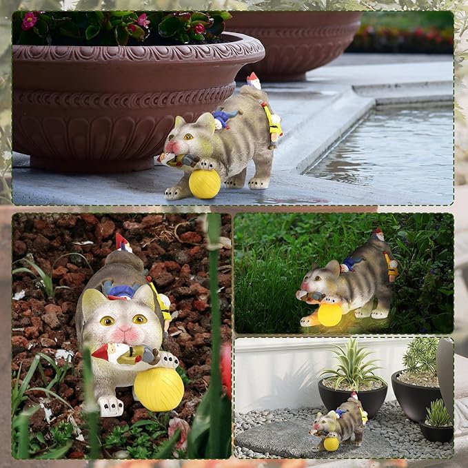 Lovinland Solar Garden Statues - Outdoor Decor - Solar Garden Gnomes & Cat Statues - Funny Cat Eating Gnome Figurine - Unique Birthday & Housewarming Gifts