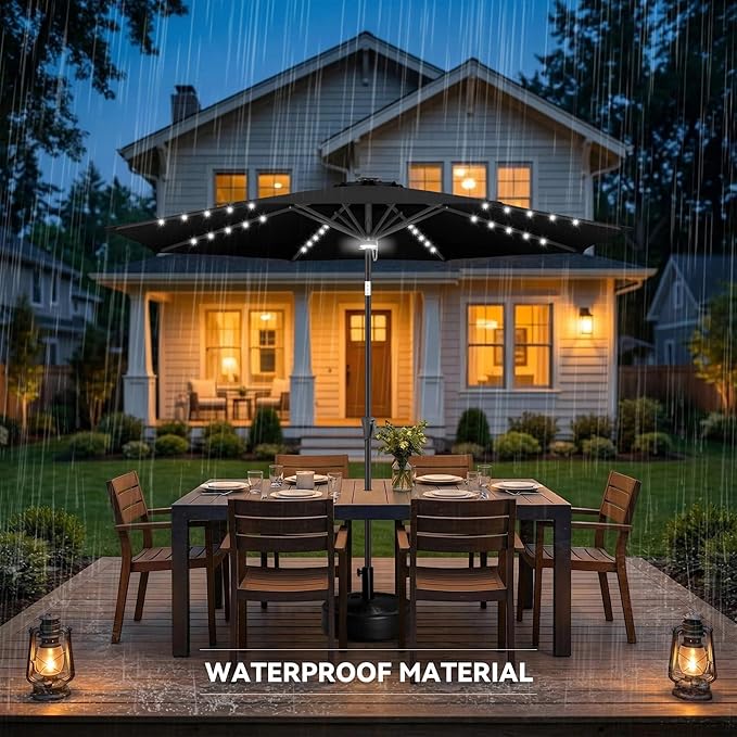 10FT Solar Umbrella Outdoor - Lighted Solar Patio Umbrella with 40 LED Lights Waterprool UV Protection, Table Umbrella with Tilt for Pool, Porch, Garden, Deck, Backyard (Black)