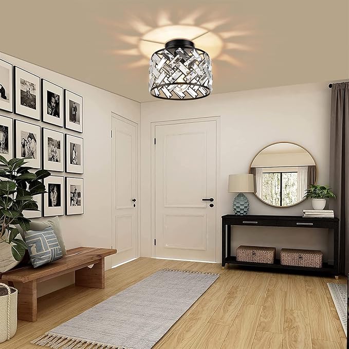 FRIDEKO HOME Crystal Light Fixture Ceiling Mount - Black Hallway Light Fixtures Crystal Semi Flush Mount Ceiling Lights for Kitchen Bedroom Bathroom Entryway(8.86 Inch, Bulb not Included)