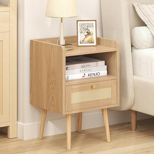 Nightstand with Charging Station & Rattan Decor Drawer, Boho Bedside End Table with Solid Wood Feet, Bed Side Table with Open Storage for Farmhouse Bedroom Living Room Dorm - Natural