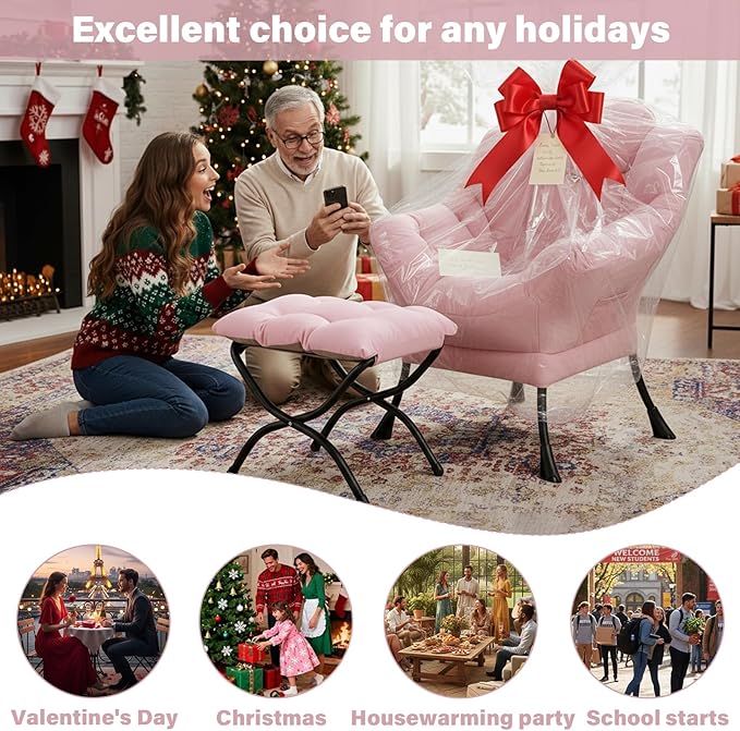 Cozy Lazy Chair with Ottoman, Large Contemporary Accent Peach Pink Chair Set, Leisure Upholstered Reading Armchair for Office, Bedroom, Living Room, Dorm Rooms, Balcony