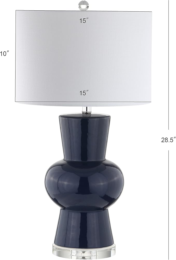 JONATHAN Y 28.5" Navy Ceramic Table Lamp for Living Room Bedroom Nightstand, Modern Hourglass LED Bedside Lamp with Crystal Base and Linen Shade (JYL4027B)