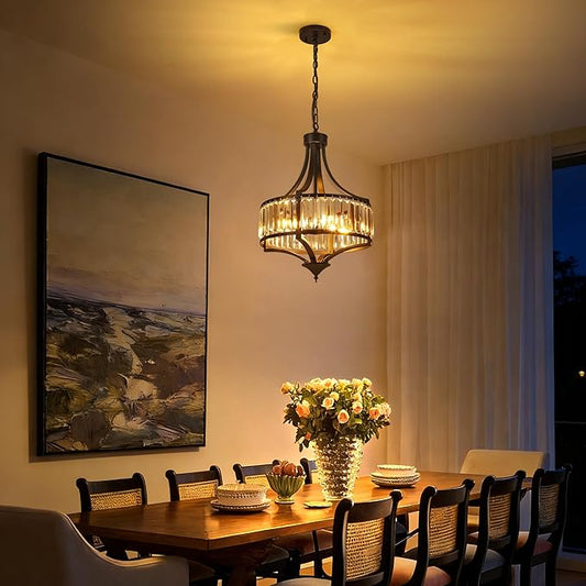 16" Modern Black Crystal Chandelier, 4-Light Farmhouse Dining Room Light Fixtures Over Table Hanging, Antique Round Pendant Lights Kitchen Island Entryway Bedroom Office Stairwell Hallway